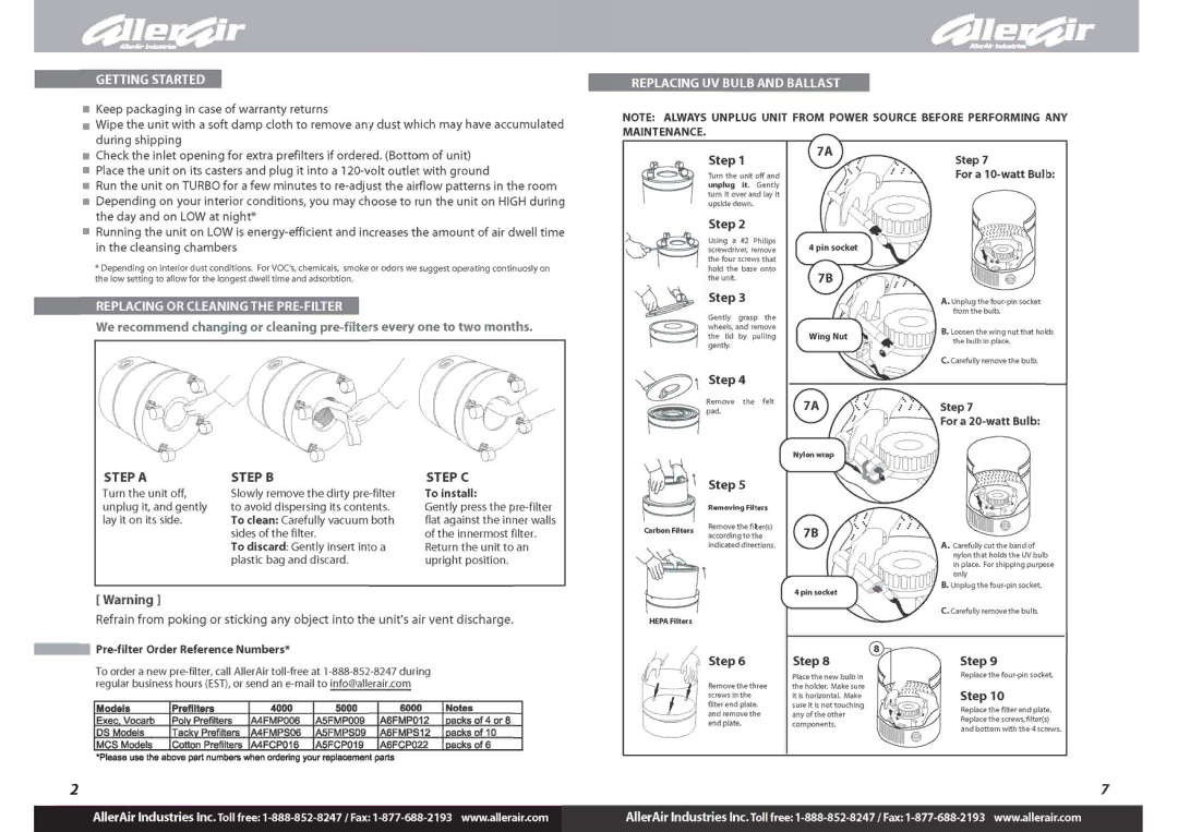 AllerAir 6000 Series, 4000 Series warranty 