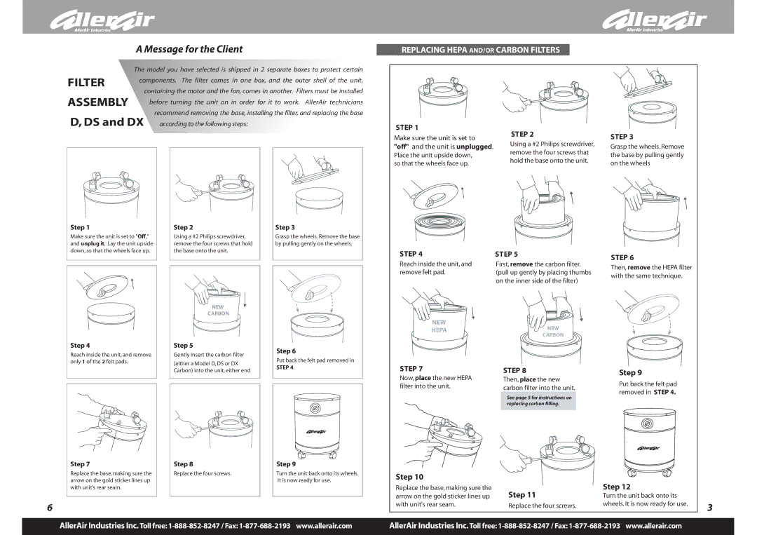 AllerAir 4000 Series, 6000 Series warranty Replacing Hepa AND/OR Carbon Filters 