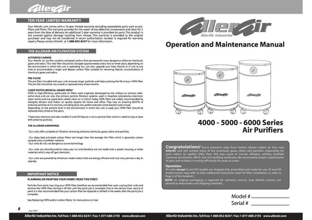 AllerAir 4000 Series warranty The Allerair Air Filtration System, Important Notice, Operation and Maintenance Manual 