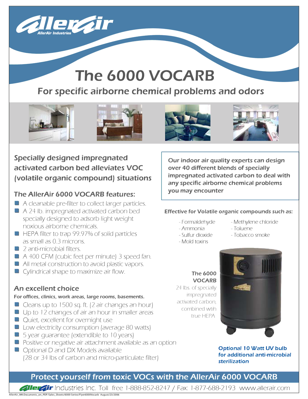 AllerAir 6000 VOCARB manual For specific airborne chemical problems and odors, AllerAir 6000 Vocarb features 