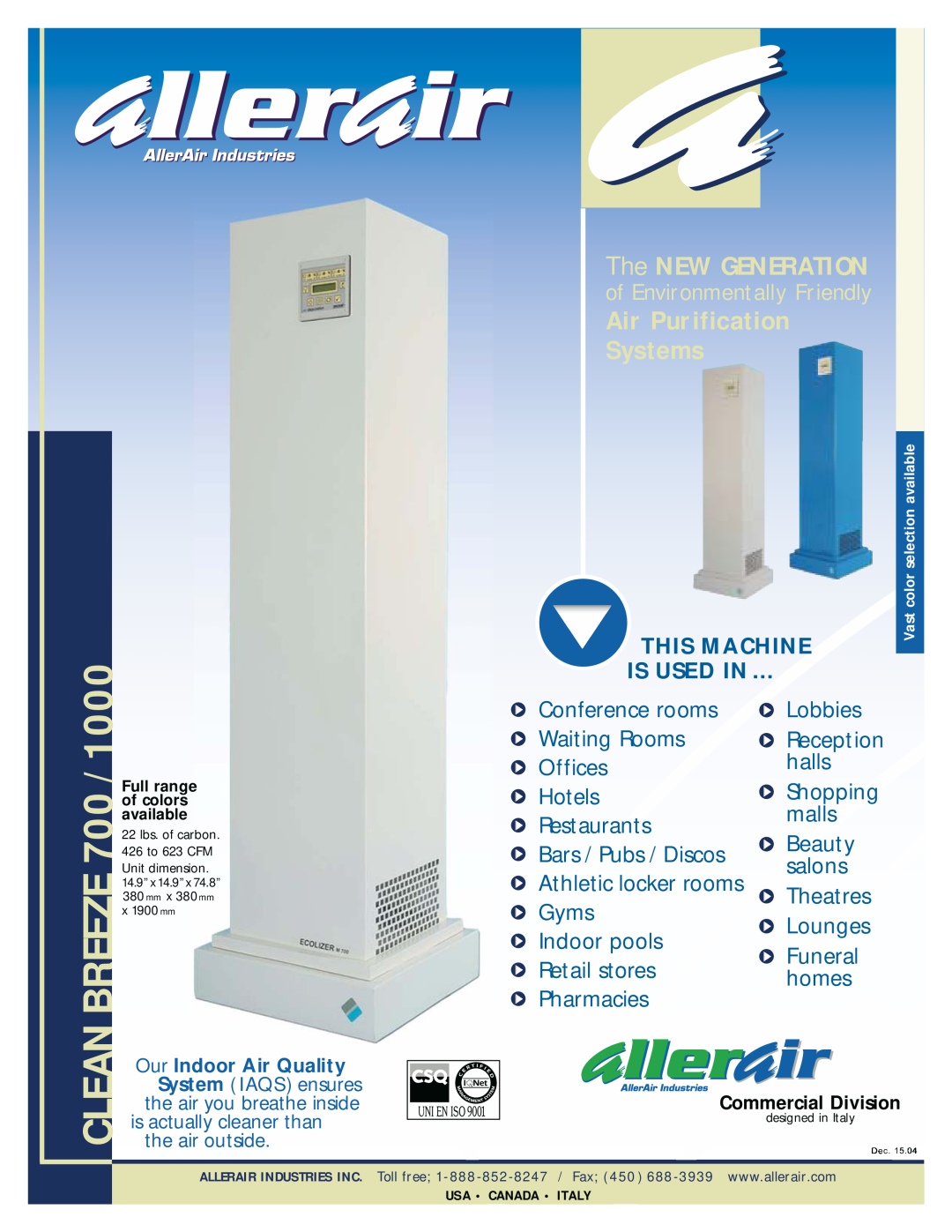 AllerAir 700/1000 manual Breeze, Clean, Air Purification Systems, The NEW GENERATION, of Environmentally Friendly 