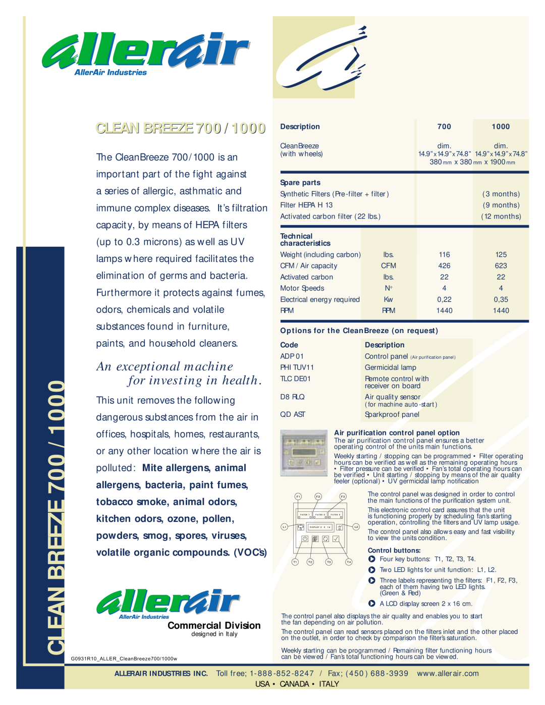 AllerAir manual Clean Breeze, CLEAN BREEZE 700/1000, An exceptional machine for investing in health 