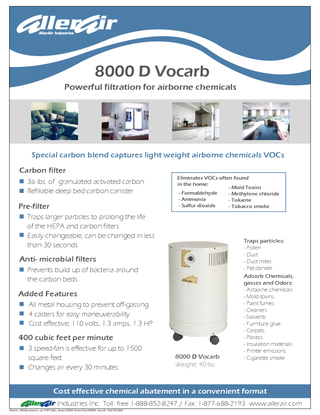 AllerAir 8000 D Vocarb manual Powerful filtration for airborne chemicals 