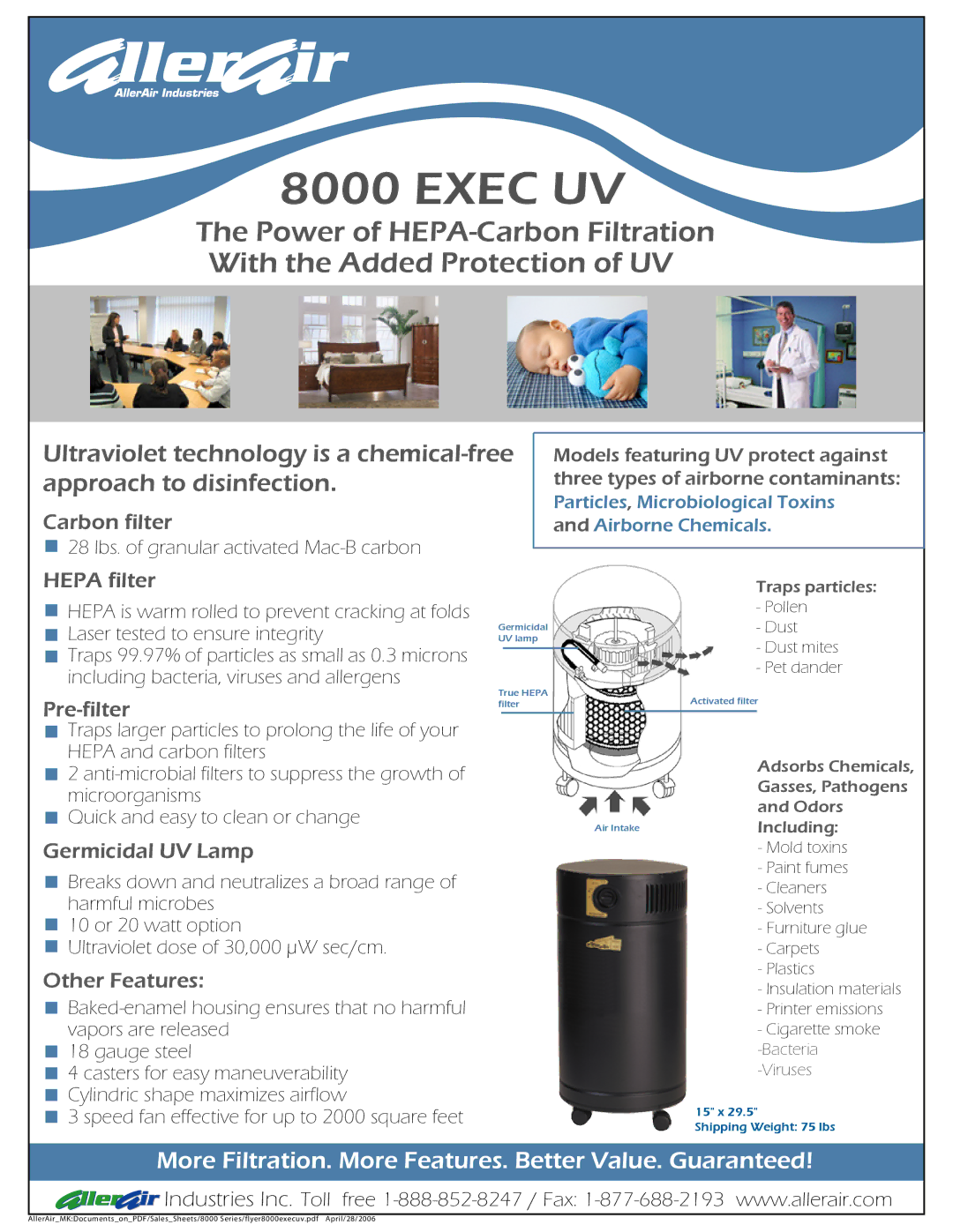 AllerAir 8000 Exec UV manual Carbon filter, Hepa filter, Pre-filter, Germicidal UV Lamp, Other Features 