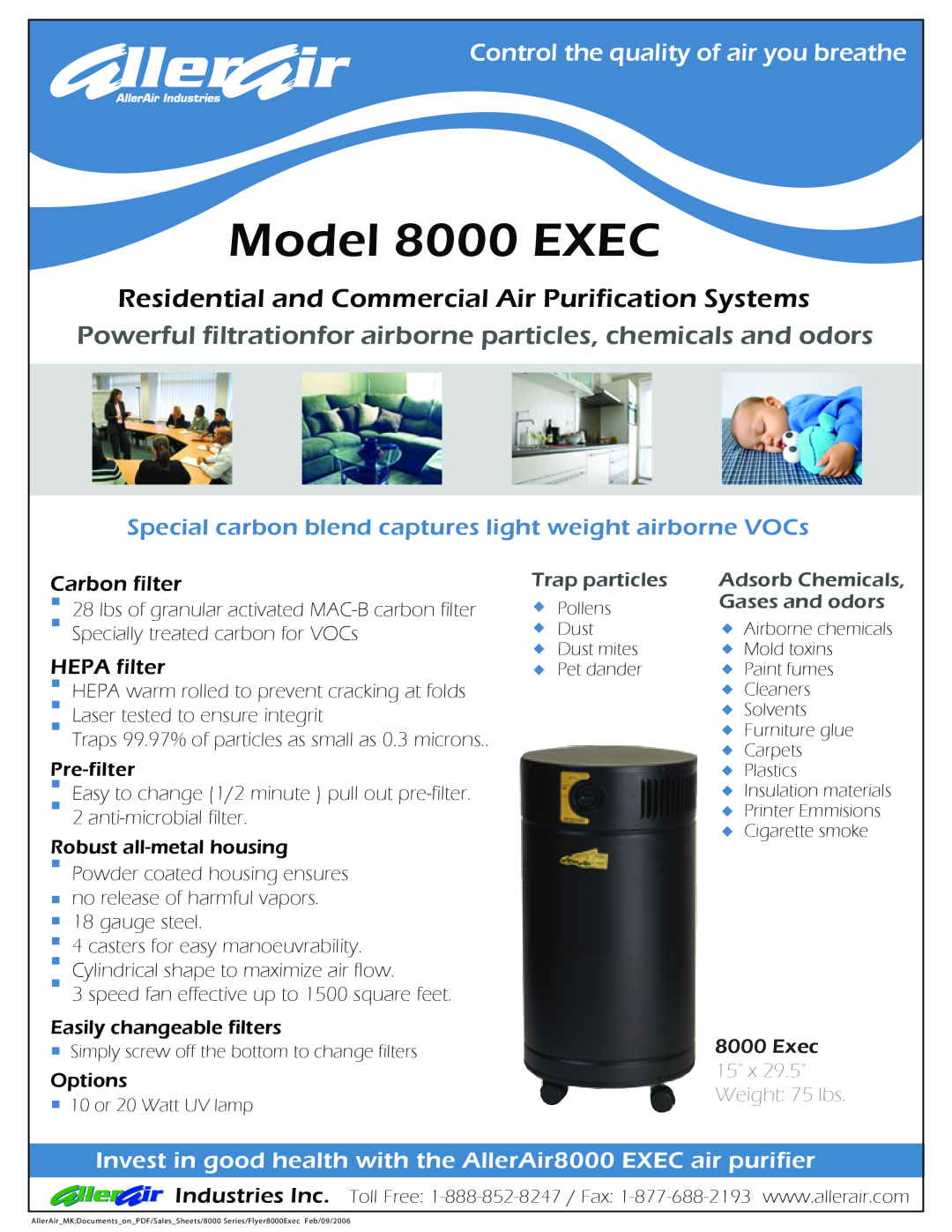 AllerAir 8000 Exec manual Model 8000 EXEC, Control the quality of air you breathe, Carbon filter, HEPA filter 