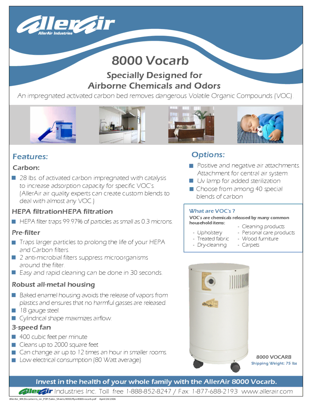 AllerAir 8000 manual Specially Designed for Airborne Chemicals and Odors, Features, Options 