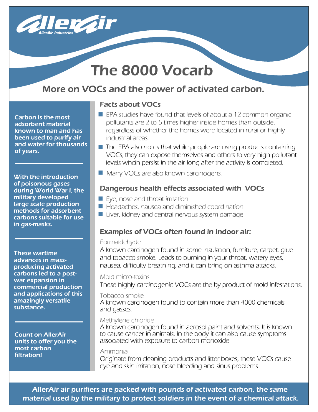 AllerAir More on VOCs and the power of activated carbon, Facts about VOCs, The 8000 Vocarb, Formaldehyde, Tobacco smoke 