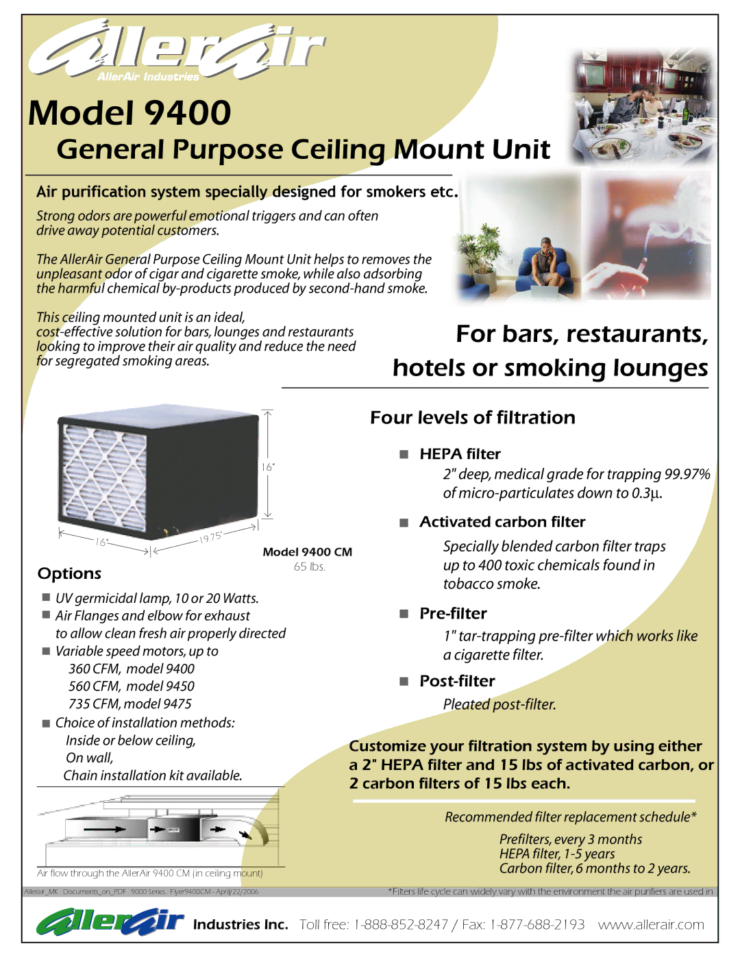 AllerAir 9400 manual Model, General Purpose Ceiling Mount Unit, For bars, restaurants, hotels or smoking lounges 