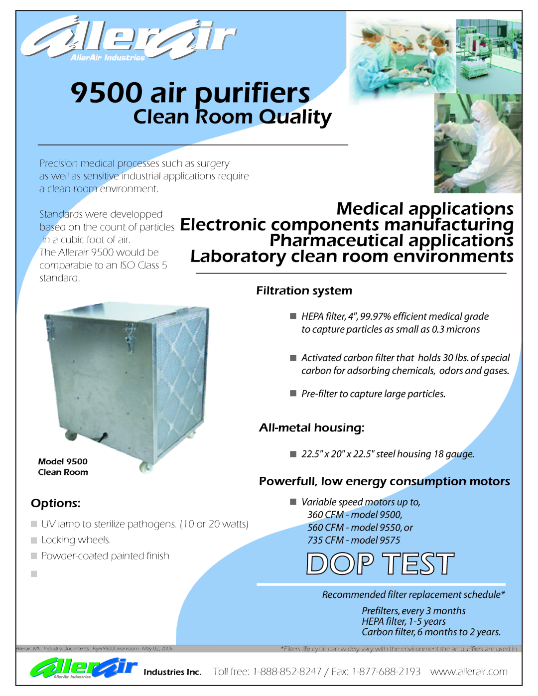 AllerAir 9500 manual DOP Test, Air purifiers, Clean Room Quality 