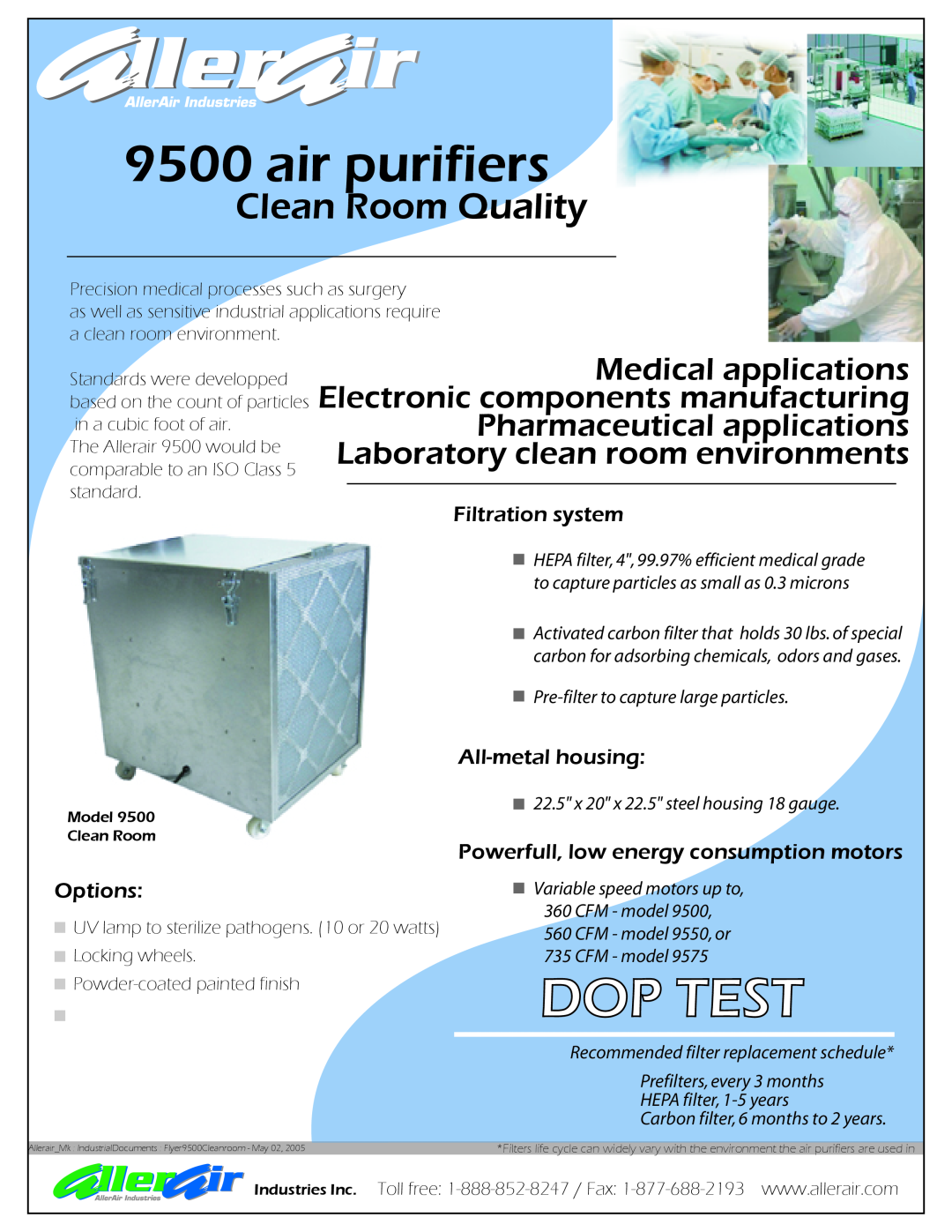 AllerAir 9500 manual Dop Test, air purifiers, Clean Room Quality, space for the pictures, Filtration system, Options 