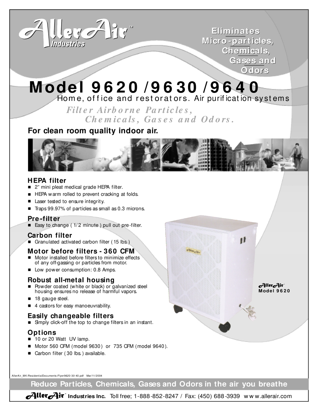 AllerAir 9620, 9630 manual Hepa filter, Pre filter, Carbon filter, Motor before filters 360 CFM, Robust all-metal housing 