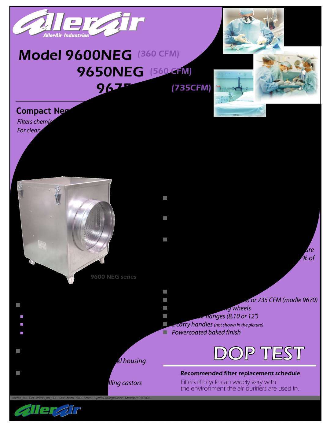 AllerAir 9650NEG manual Dop Test, Model 9600NEG 360 CFM, Isolation wards, Negative air applications, Features, Optons 