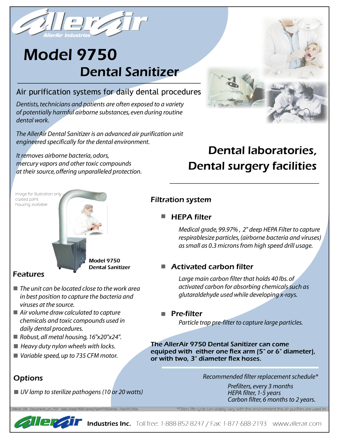 AllerAir 9750 manual Model, Dental Sanitizer, Dental laboratories, Dental surgery facilities 