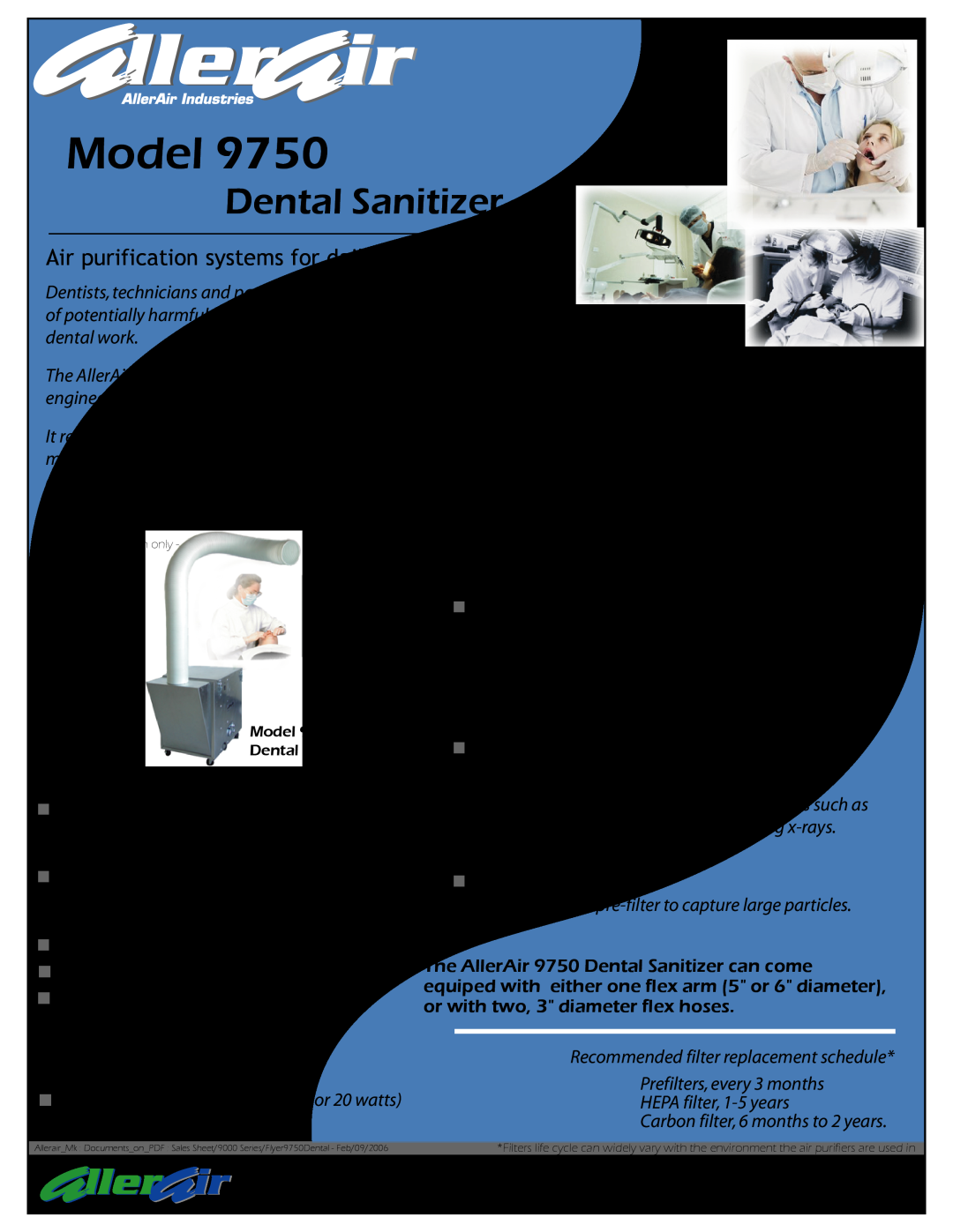AllerAir 9750 manual Model, Dental Sanitizer, Dental laboratories, Dental surgery facilities, Features, Options 