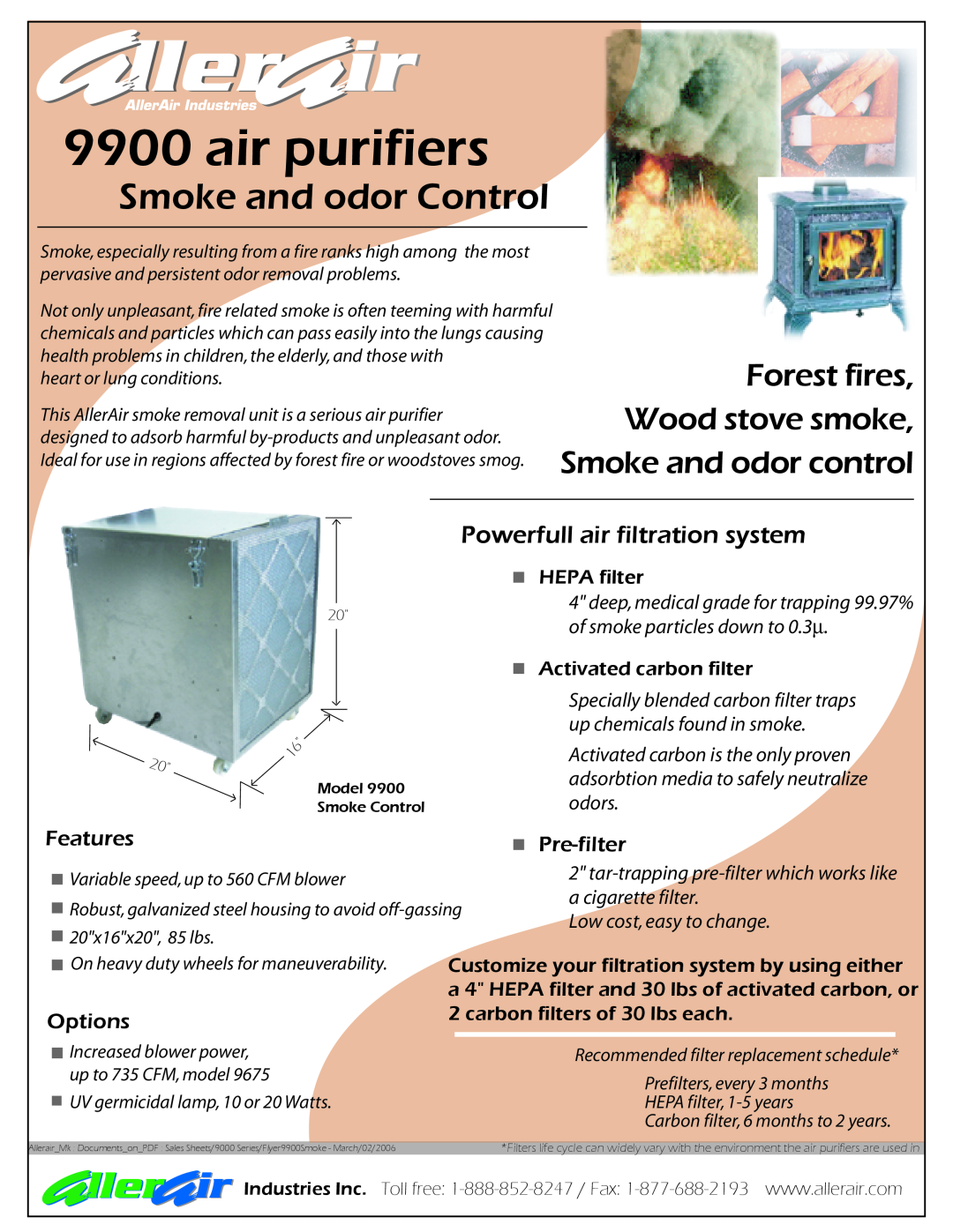 AllerAir 9900 manual air purifiers, Smoke and odor Control, Powerfull air filtration system, Features, Pre-filter, Options 