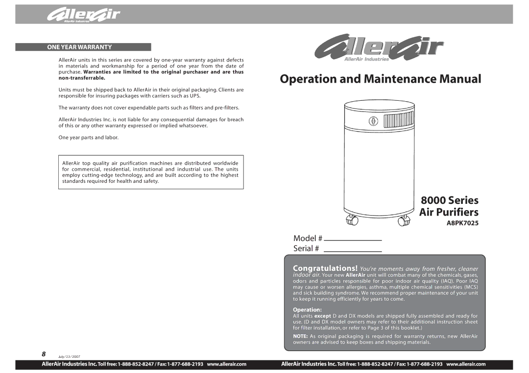 AllerAir A8PK7025 warranty Operation and Maintenance Manual 