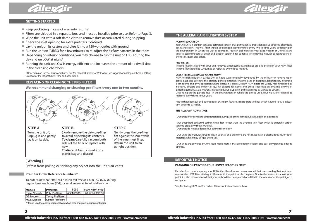 AllerAir A8PK7025 Getting Started, Replacing or Cleaning the PRE-FILTER, Allerair AIR Filtration System, Important Notice 