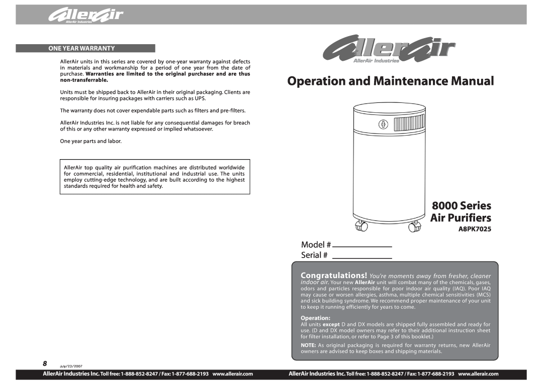 AllerAir A8PK7025 warranty AllerAir Industries Inc, Operation and Maintenance Manual, Series Air Purifiers 