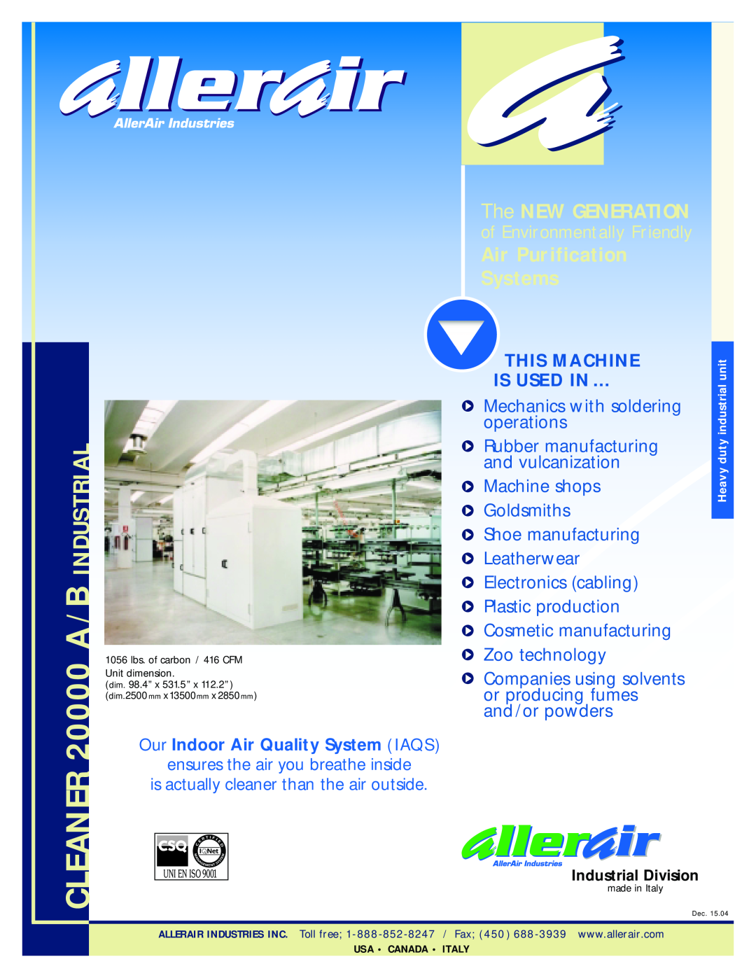 AllerAir AC-20000 A manual CLEANER 20000 A / B INDUSTRIAL, The NEW GENERATION, Air Purification Systems 