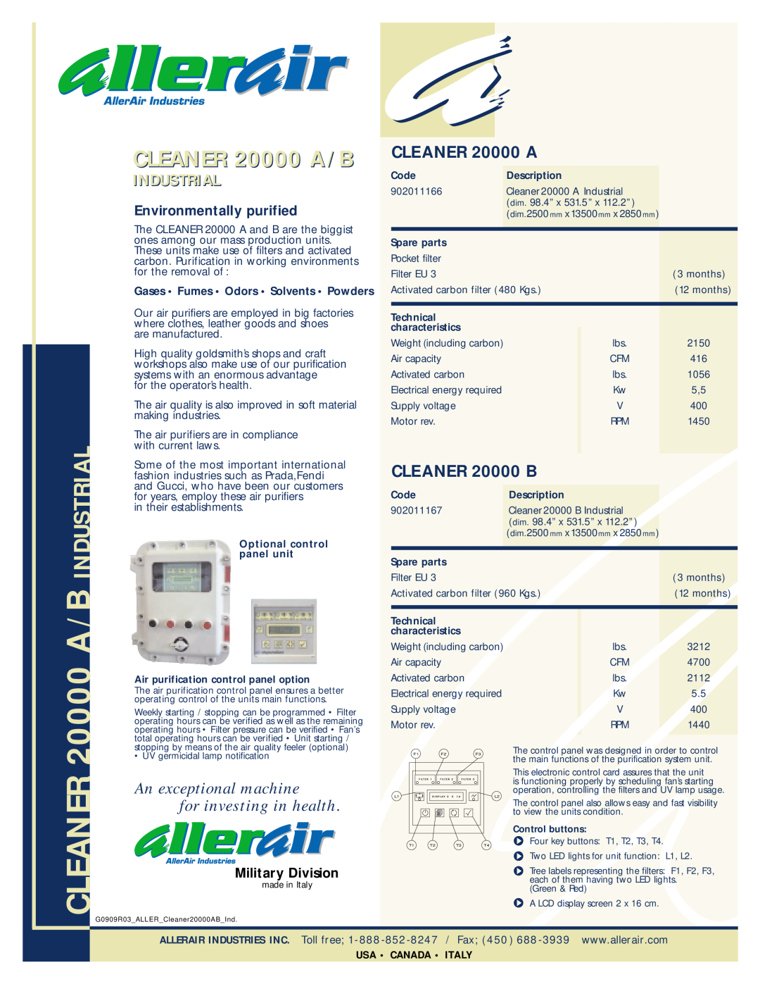 AllerAir AC-20000 A manual 20000 A / B INDUSTRIAL, Cleaner, CLEANER 20000 A /B, Industrial, Environmentally purified 