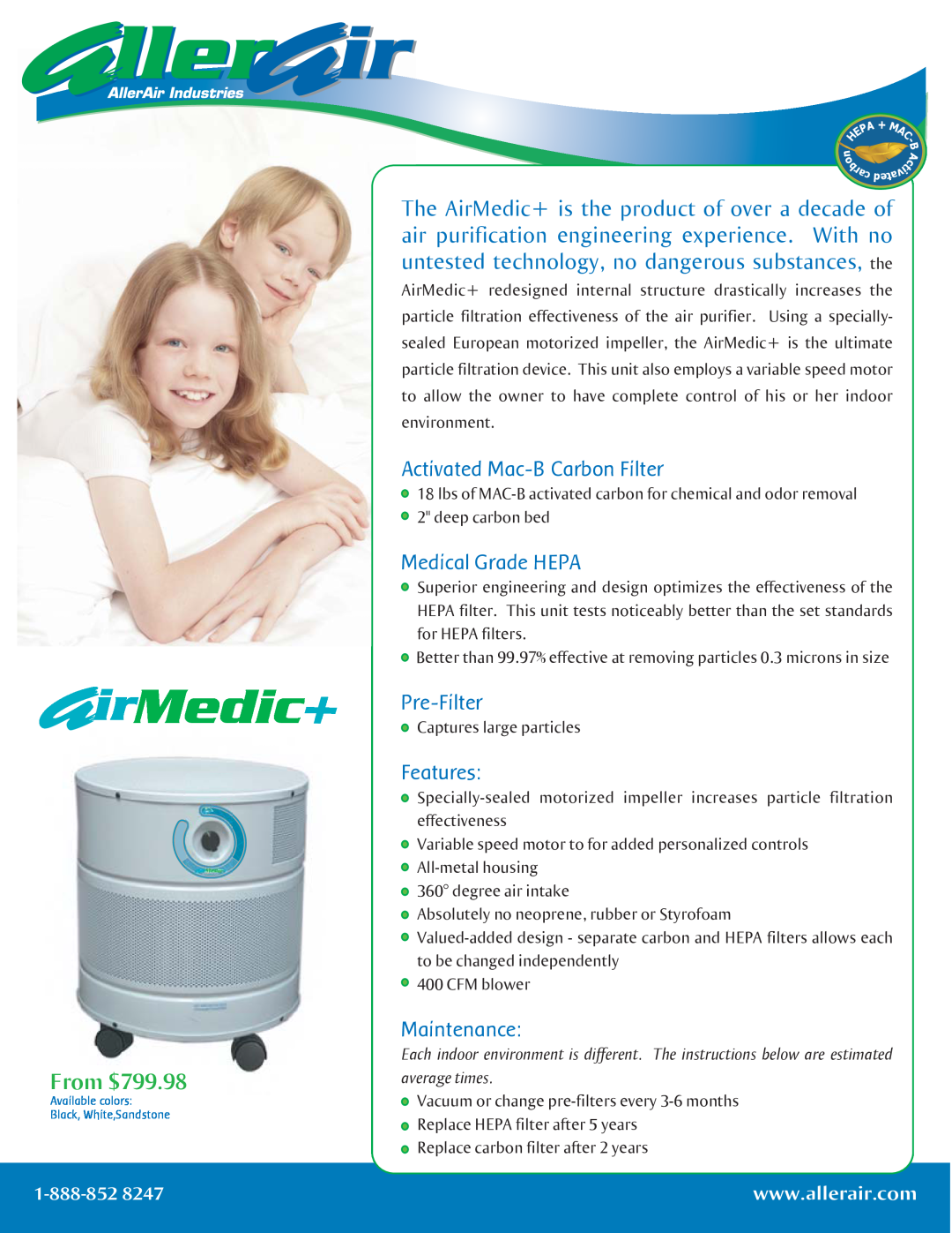 AllerAir Air Purifier manual Medic+, From $799.98, Activated Mac-BCarbon Filter, Medical Grade HEPA, Pre-Filter, Features 