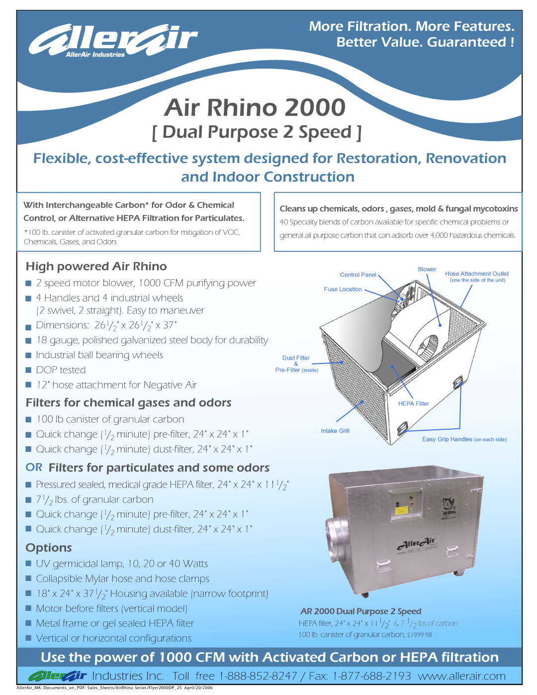 AllerAir Air Rhino 2000 dimensions Dual Purpose 2 Speed 