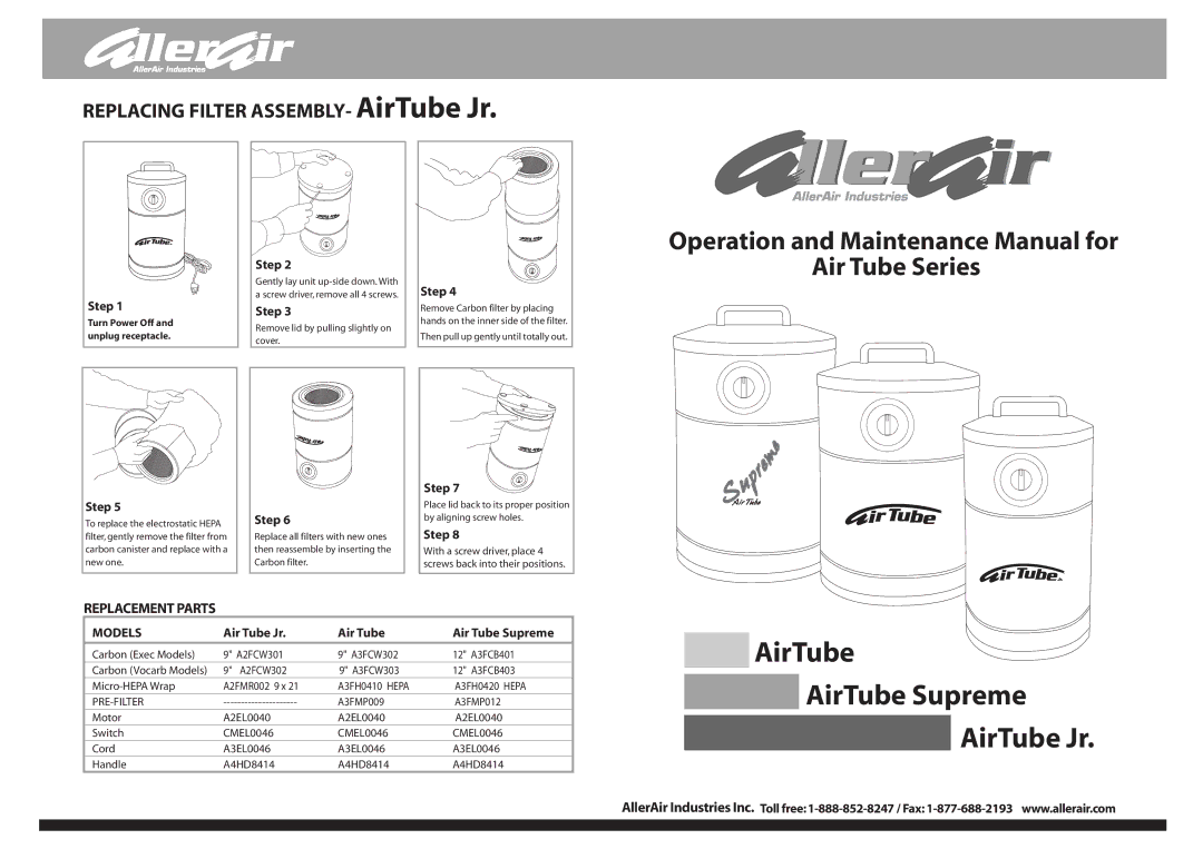 AllerAir manual Operation and Maintenance Manual for, Air Tube Series, AirTube Supreme AirTube Jr 