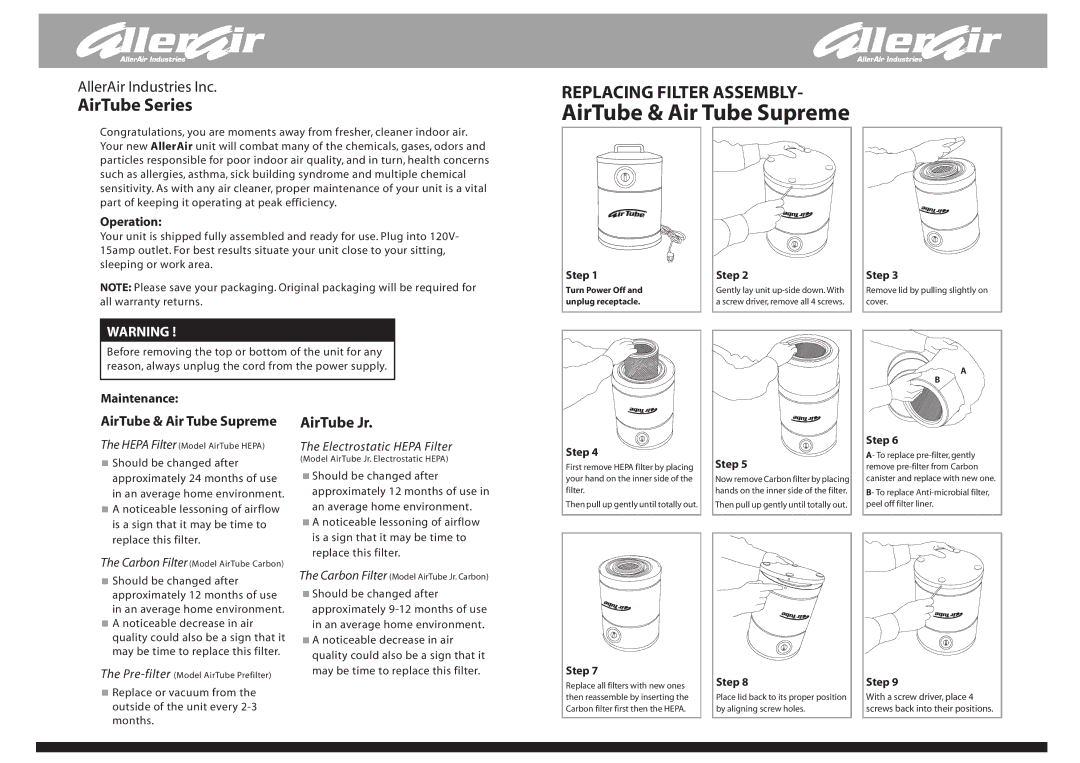 AllerAir AirTube Jr, AirTube Supreme manual AirTube & Air Tube Supreme, AirTube Series 