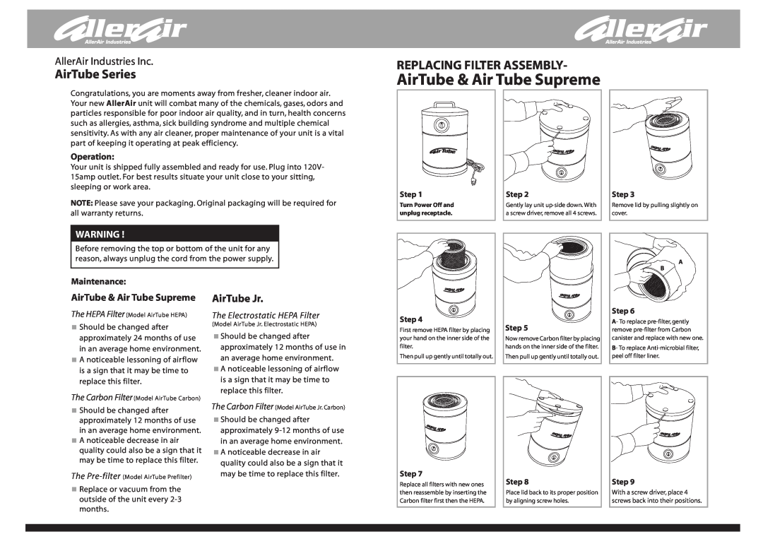 AllerAir AirTube Jr manual AirTube & Air Tube Supreme, AirTube Series, Replacing Filter Assembly, Operation, Maintenance 