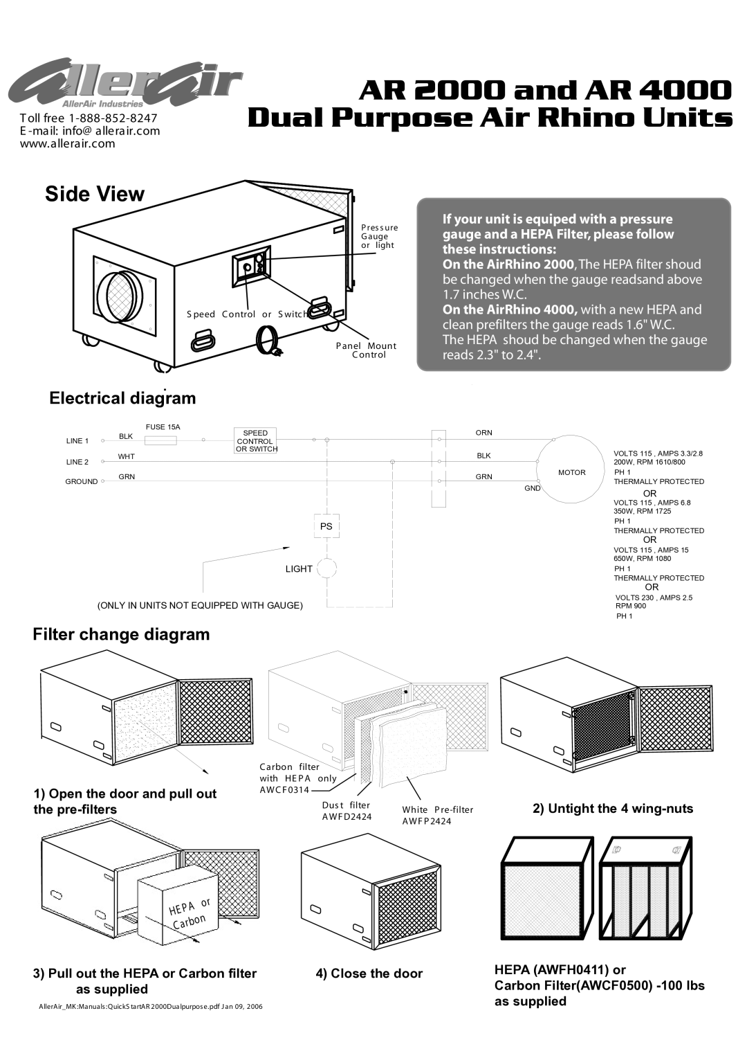 AllerAir AR 4000, AR 2000 manual Electrical diagram, Filter change diagram 