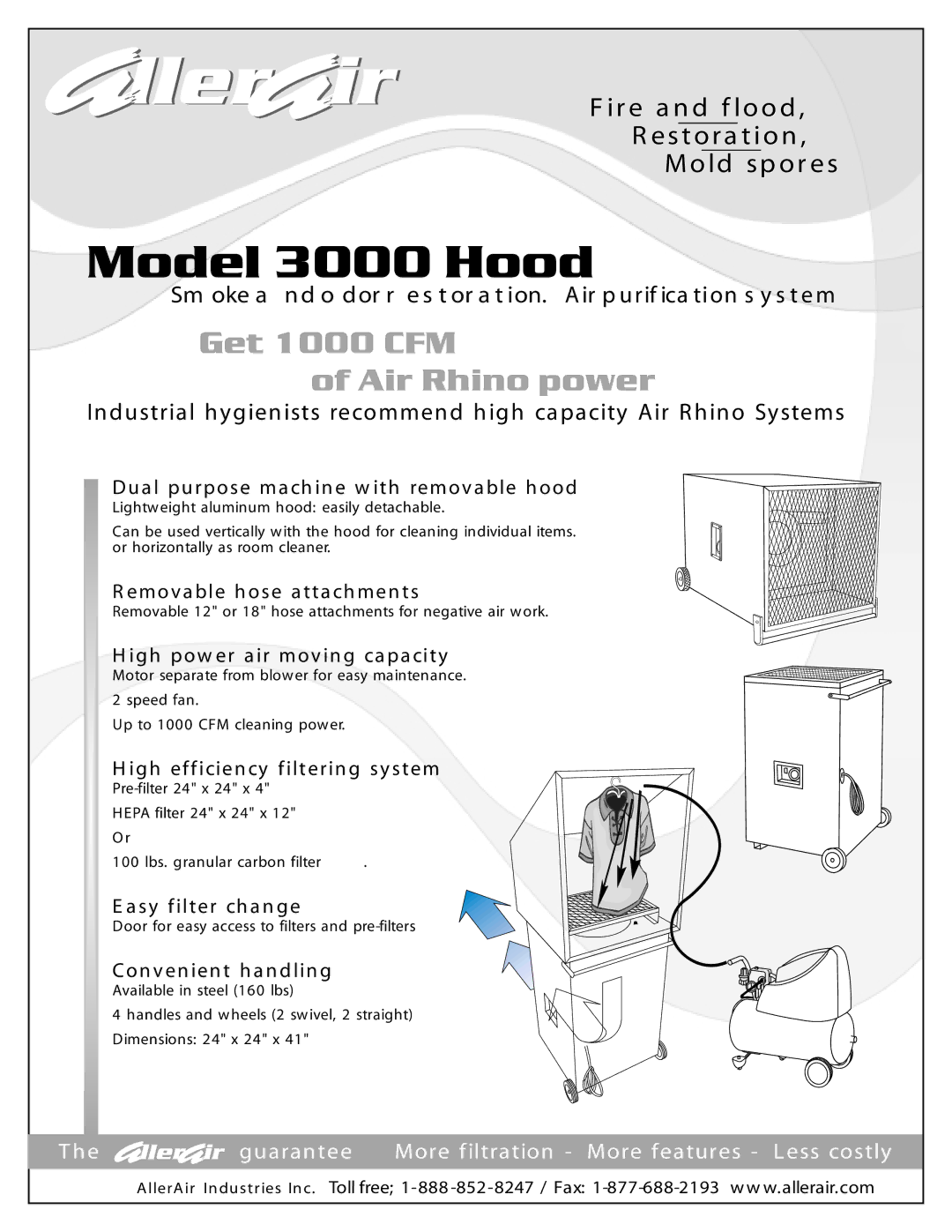 AllerAir AW 3000 Hood dimensions Model 3000 Hood, Get 1000 CFM Air Rhino power 