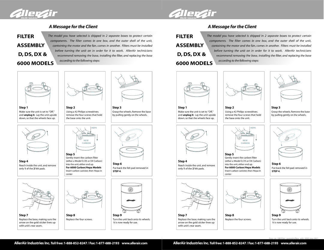 AllerAir DX manual Filter, Assembly, Ds, Dx, Step 