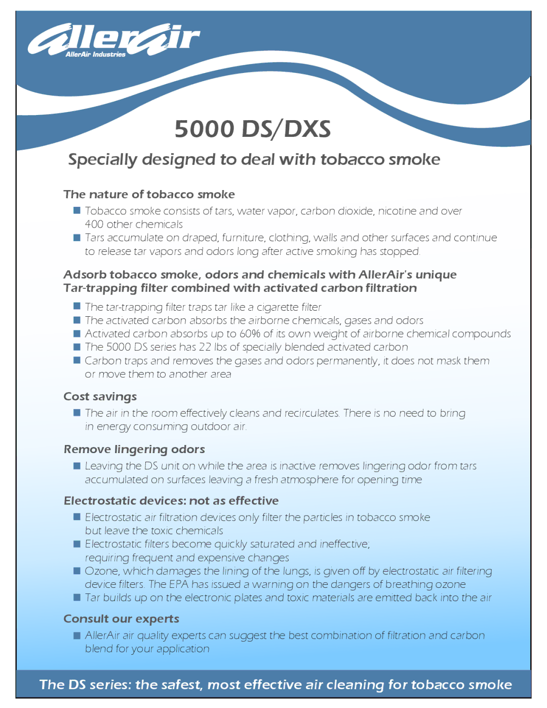 AllerAir DXS manual Nature of tobacco smoke, Cost savings, Remove lingering odors, Electrostatic devices not as effective 