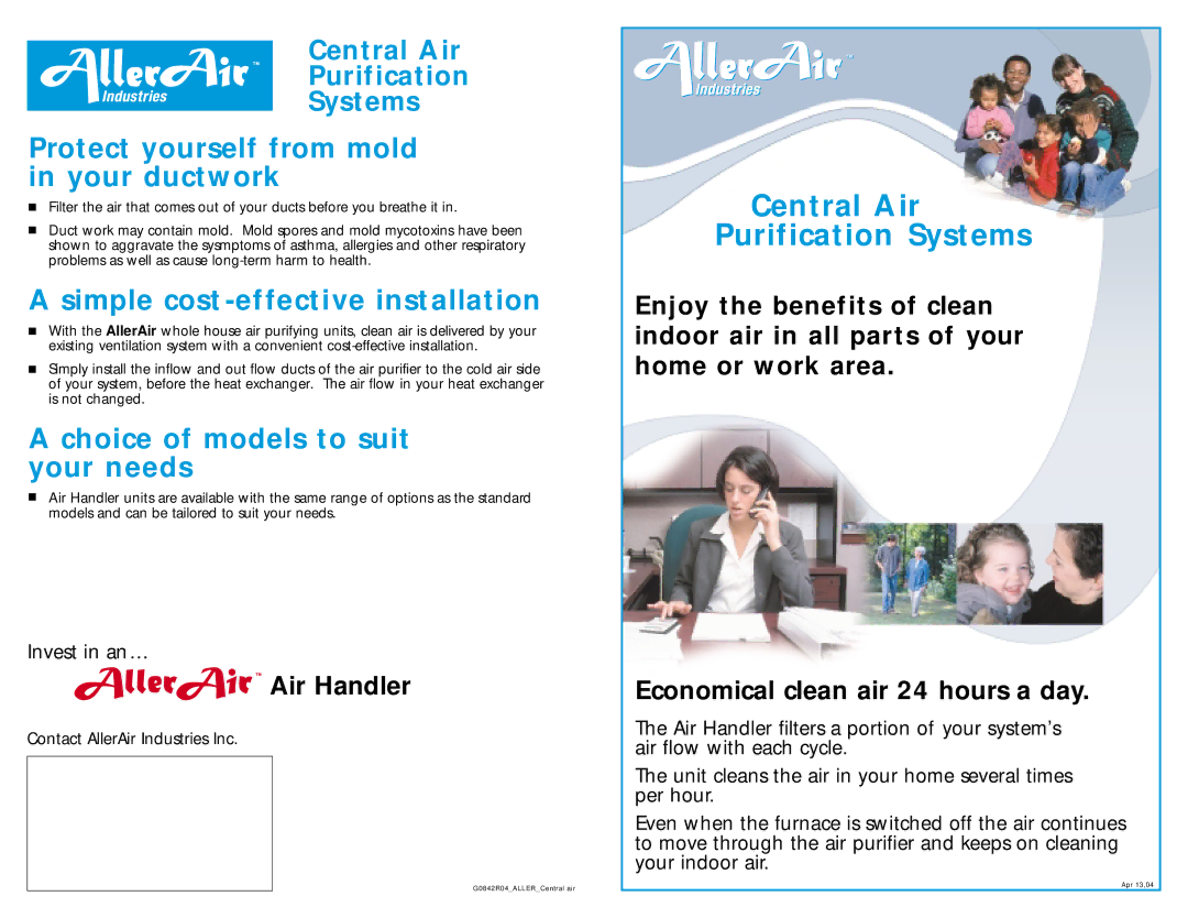 AllerAir G0842R04 manual Protect yourself from mold in your ductwork, Simple cost -effective installation 