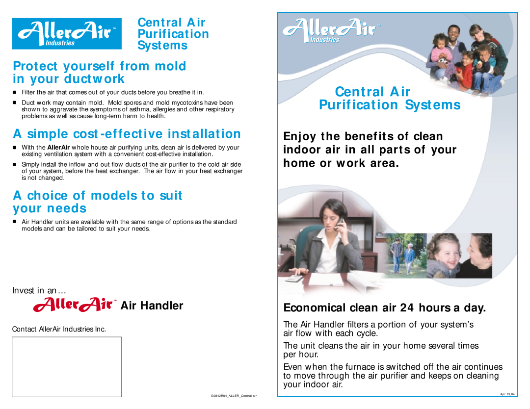 AllerAir G0842R04 manual Protect yourself from mold in your ductwork, A simple cost -effectiveinstallation, Air Handler 