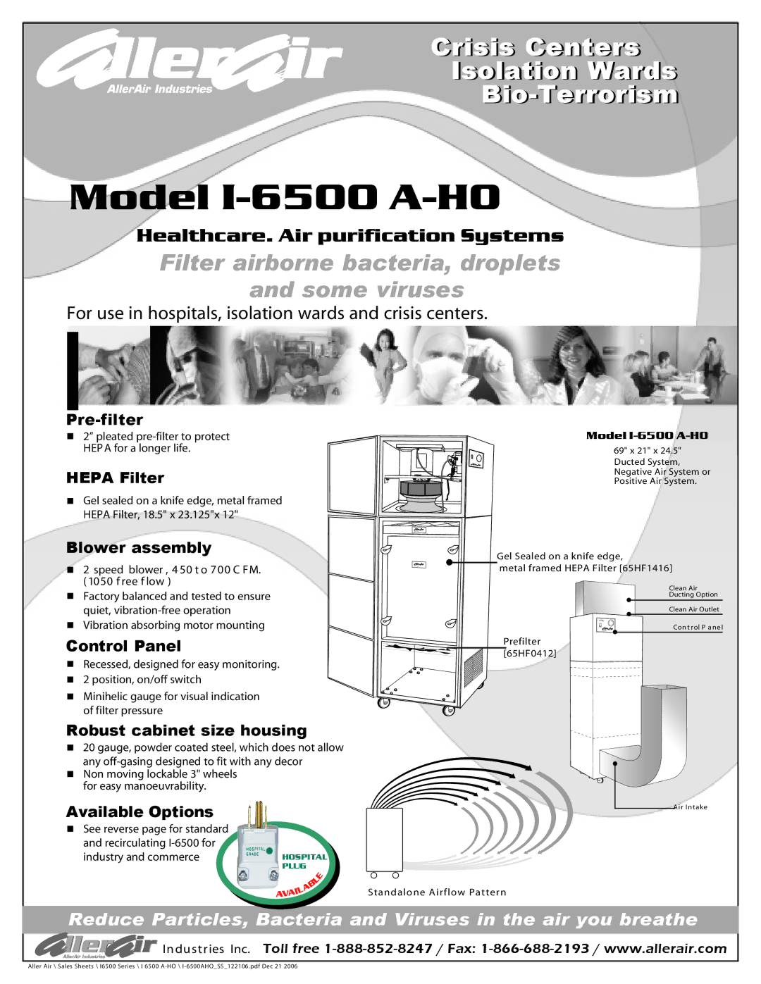 AllerAir I-6500 A-HO manual Pre-filter, Hepa Filter, Blower assembly, Control Panel, Robust cabinet size housing 