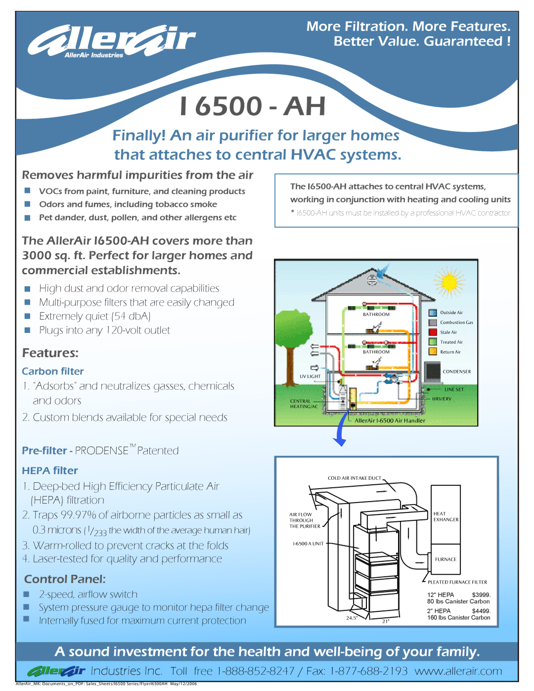 AllerAir I 6500-AH manual Features, Removes harmful impurities from the air, Control Panel, Hepa filter 