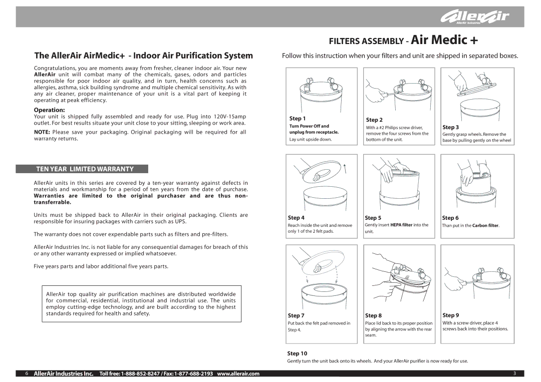 AllerAir none manual AllerAir AirMedic+ Indoor Air Purification System, Filters Assembly Air Medic +, Operation 