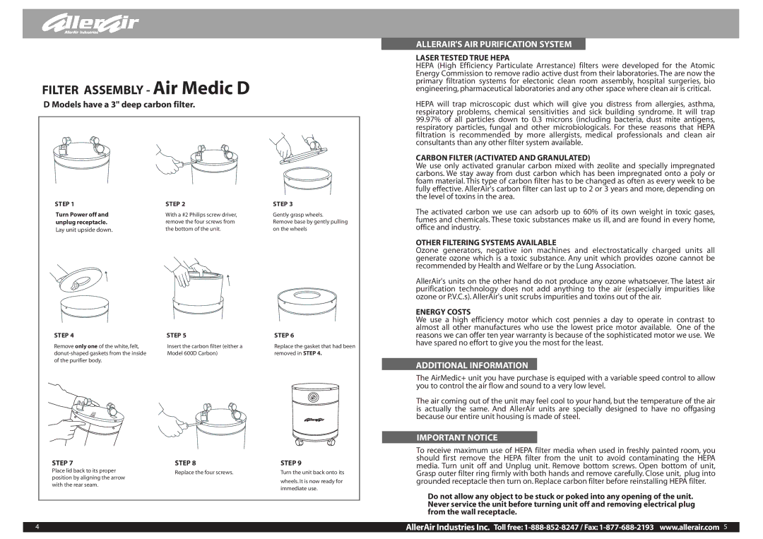 AllerAir none manual Filter Assembly Air Medic D, Models have a 3 deep carbon filter 