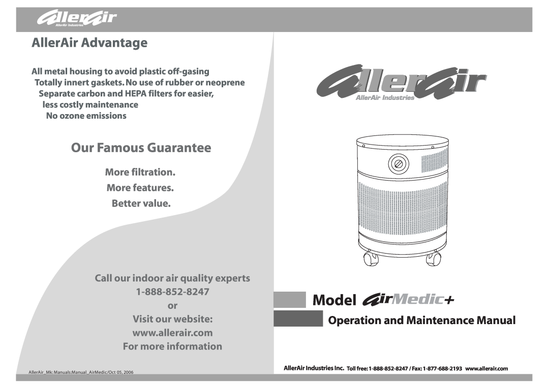 AllerAir none manual Model MedicMedic++, AllerAir Advantage, Our Famous Guarantee, Operation and Maintenance Manual 