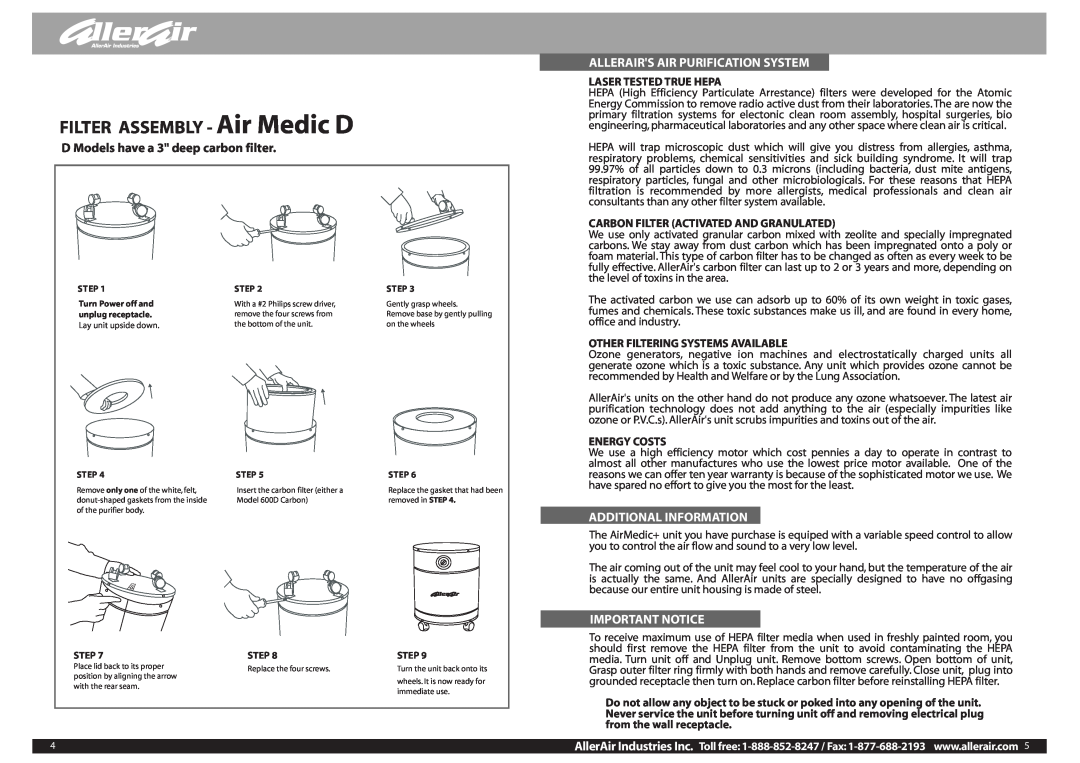 AllerAir none manual FILTER ASSEMBLY - Air Medic D, D Models have a 3 deep carbon filter, Allerairs Air Purification System 