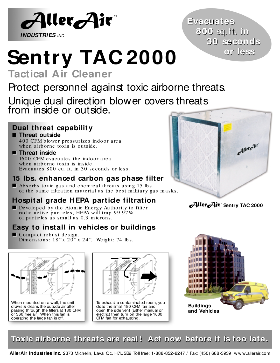 AllerAir Sentry TAC 2000 dimensions Tactical Air Cleaner, Protect personnel against toxic airborne threats, Evacuates 