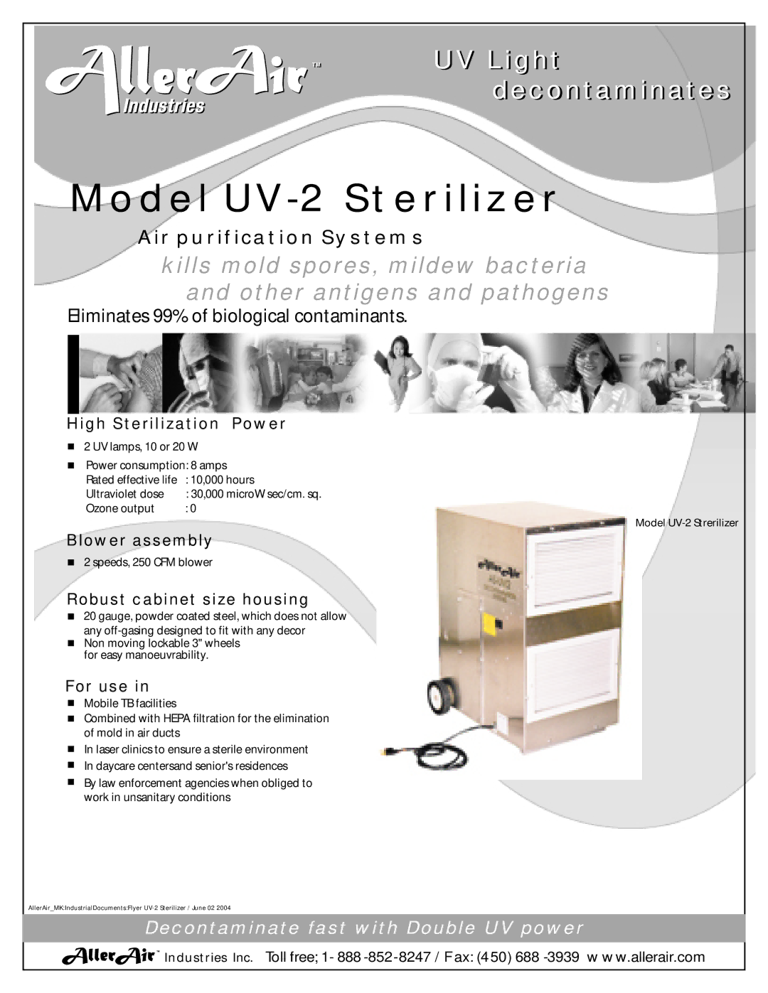 AllerAir manual Model UV-2 Sterilizer, Eliminates 99% of biological contaminants 