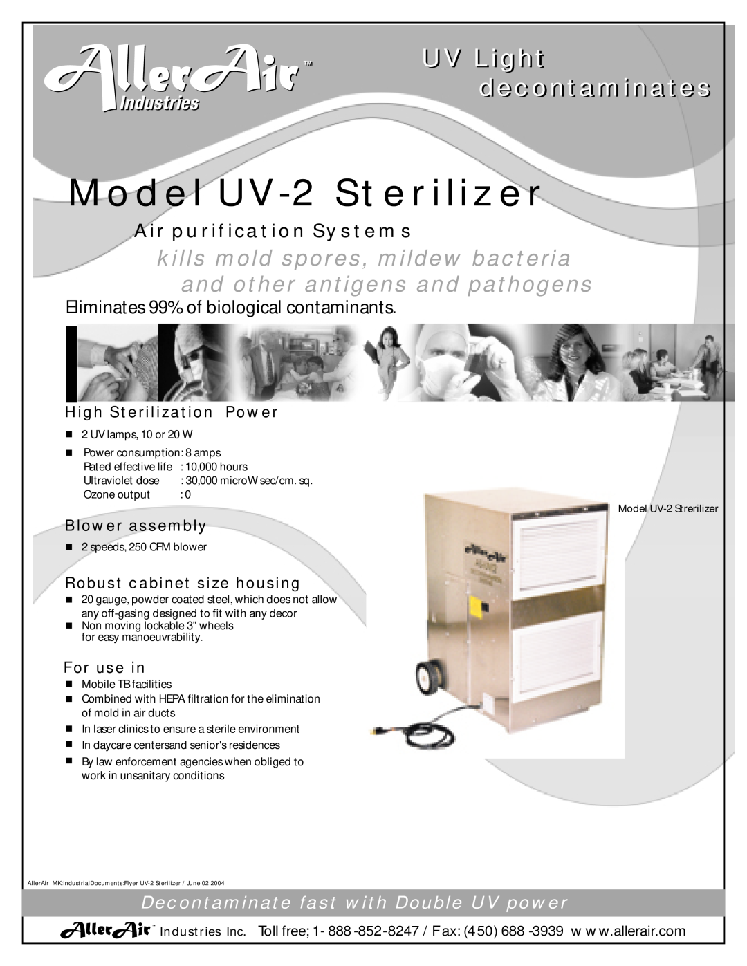 AllerAir UV-2 Sterilizer manual Model UV-2Sterilizer, UV Light decontaminates, Air purification Systems, Blower assembly 