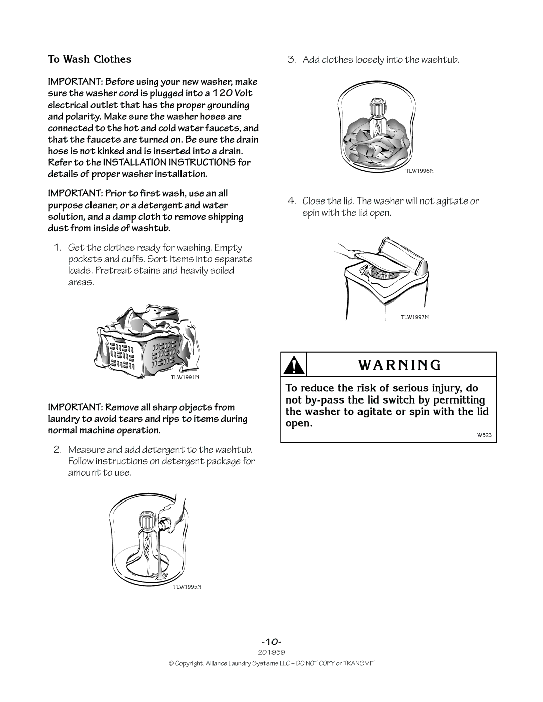 Alliance Laundry Systems 201959R1 manual To Wash Clothes 