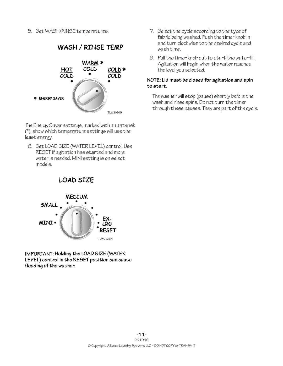 Alliance Laundry Systems 201959R1 manual Set WASH/RINSE temperatures 