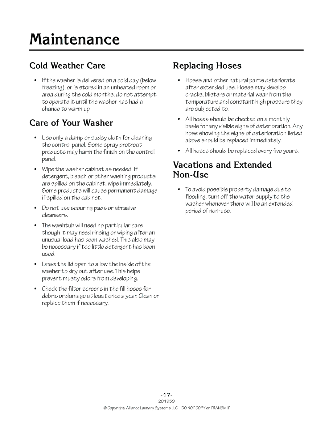 Alliance Laundry Systems 201959R1 manual Maintenance, Cold Weather Care Replacing Hoses, Care of Your Washer 