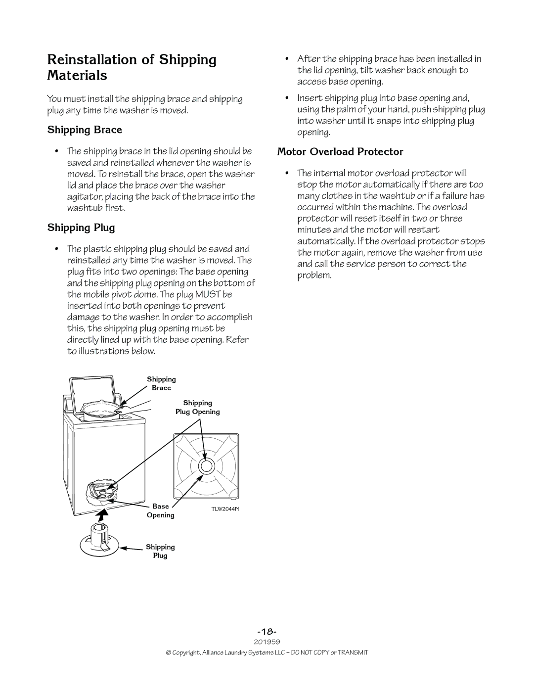 Alliance Laundry Systems 201959R1 manual Reinstallation of Shipping Materials, Shipping Brace, Shipping Plug 