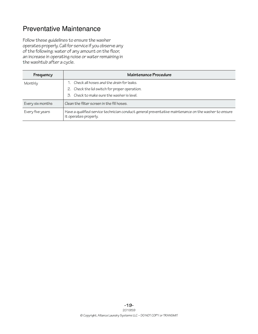 Alliance Laundry Systems 201959R1 manual Preventative Maintenance, Frequency Maintenance Procedure 