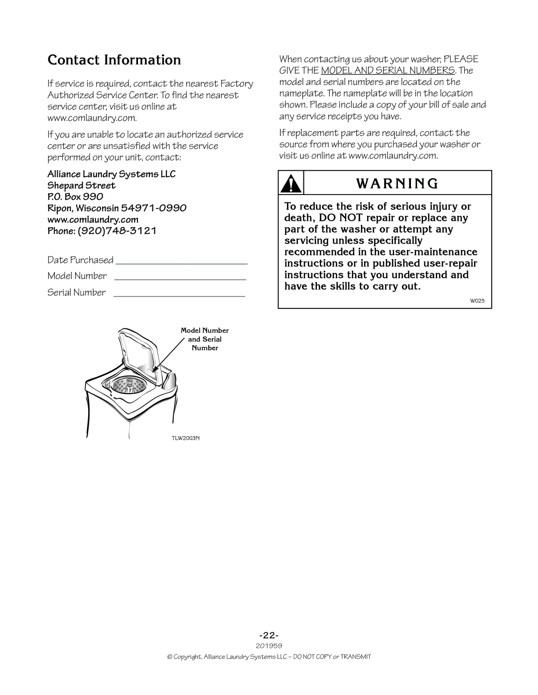 Alliance Laundry Systems 201959R1 manual Contact Information, Date Purchased Model Number Serial Number 